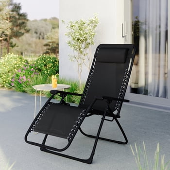 Chaise zéro gravité extérieur en acier inclinable Mainstays avec porte-téléphone et porte-gobelet, Noir