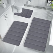 Wuztai Ultra Soft Bath Mat Set, 3 Piece Plush Foam Bathroom Rugs, Non Slip Absorbent Toilet Mats for Shower Tub Floor, Machine Washable Comfortable Dark Gray Khaki