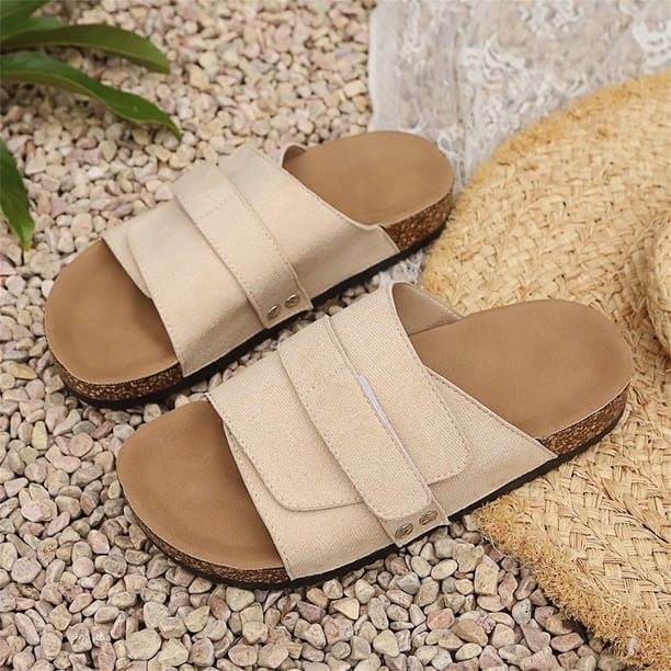 Flat Slides With Memory Foam Cork Footbed, Adjustable Strap Cork Footbed Open Toe Slides, 2026 Flat Slides for Women  main image 2