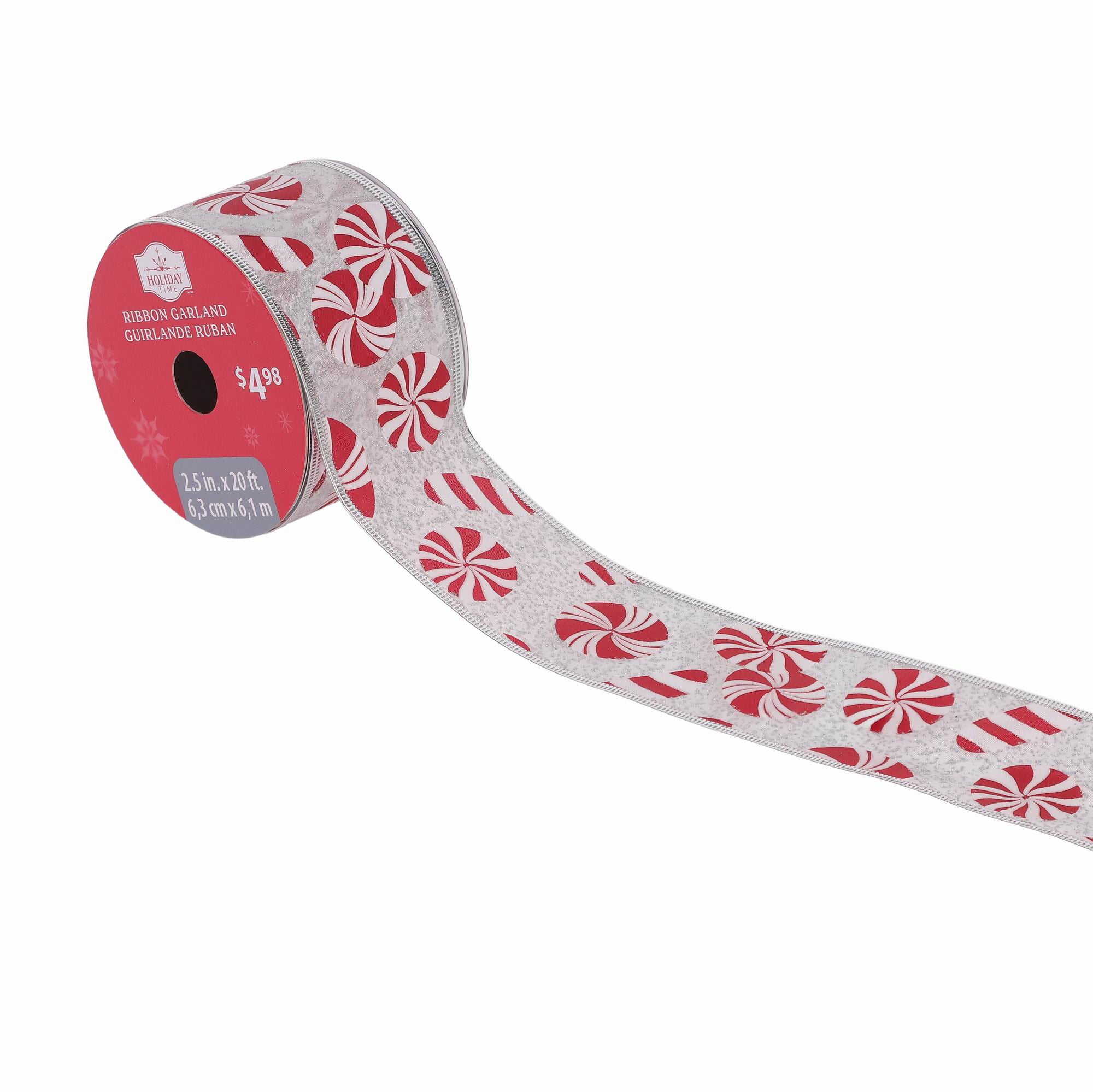 HOLIDAY TIME 2.5 Inch x 20 Ft Red‑White Candy‑Cane Peppermint Wired ...