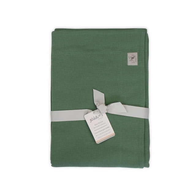 Juddlies Designs - Baby - Mini Waffle Baby Blanket - Machine Washable - Pine folded pine green mini waffle knit baby blanket with a brushed texture, tied with a white ribbon and a tag, measuring 29 by 40 inches, pre-shrunk and ideal for cozy nursery bedding.