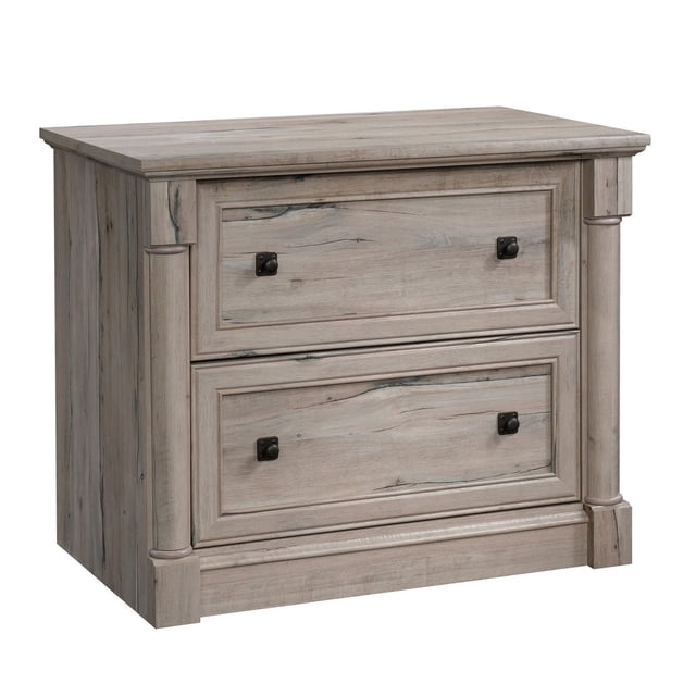 Sauder Palladia Engineered Wood 2-Drawer Lateral File Cabinet in Split Oak with framed panel drawer fronts, pilaster columns, and dark metal knobs, offering full extension slides for letter, legal, or European hanging files, ideal for office or home filing organization.