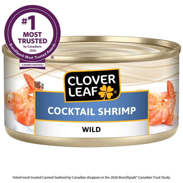 Crevettes cocktail de Clover Leaf 106 g. Produits de mer en conserve. Crevettes sauvages. Teneur élevée en protéines. Contenir produit de la mer.
