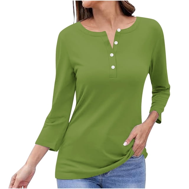 Timegard Tops for Women Long Sleeve Notched V-Neck Button Shirts Solid Color Fall Casual Loose Comfy Tops
