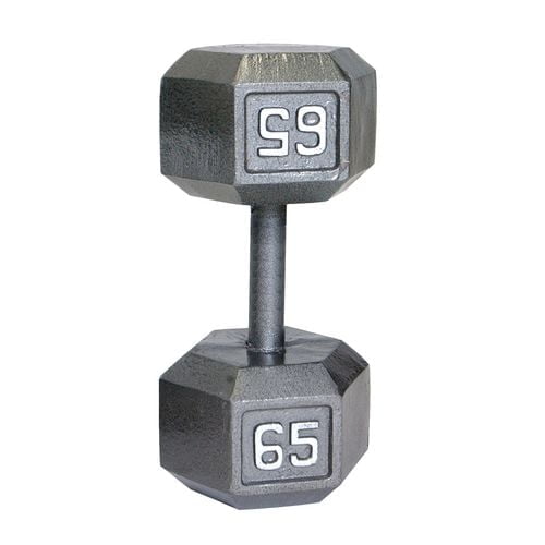 CAP Barbell Cast Iron Hex Dumbbell weighing 65 pounds in grey, featuring hex-shaped cast iron heads and a cold rolled solid steel handle with medium depth knurling for grip, suitable for full body and targeted muscle strength training.
