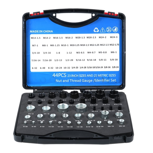 Tignapoo 44-Piece Thread Gauge Set for Nuts and Bolts - 23 SAE & 21 Metric Sizes - Compact Design for Tight Spaces - Black & Silver - Plastic Case Included