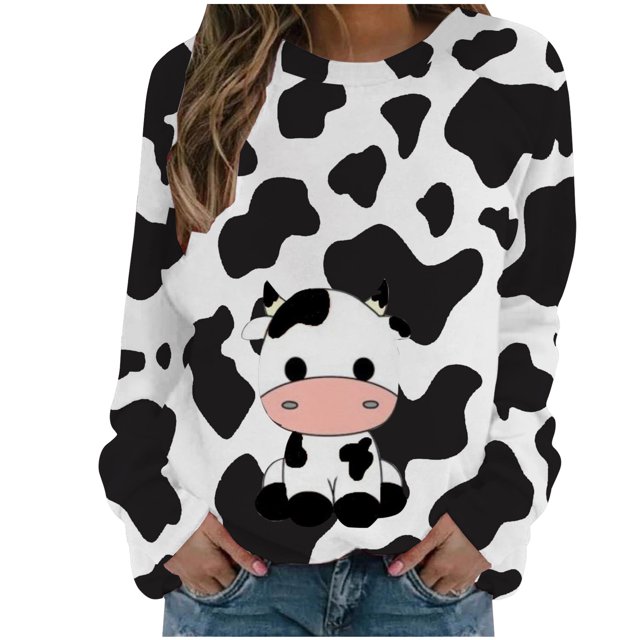 Pompotops Womens Shirts Round-Neck Print Long Sleeve Tops Printed Regular Blouse Clearance