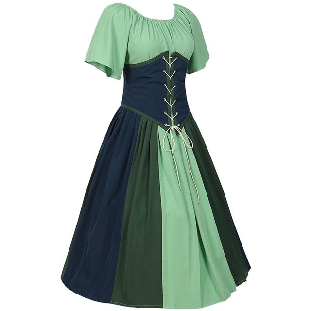Pisexur Robe Corset en Coton pour Femmes, Costume Médiéval Renaissance, Robe de Cocktail Plissée à Col Rond, Robe Tunique à Cordon, Robes Maxi à Manches Courtes d'Automne