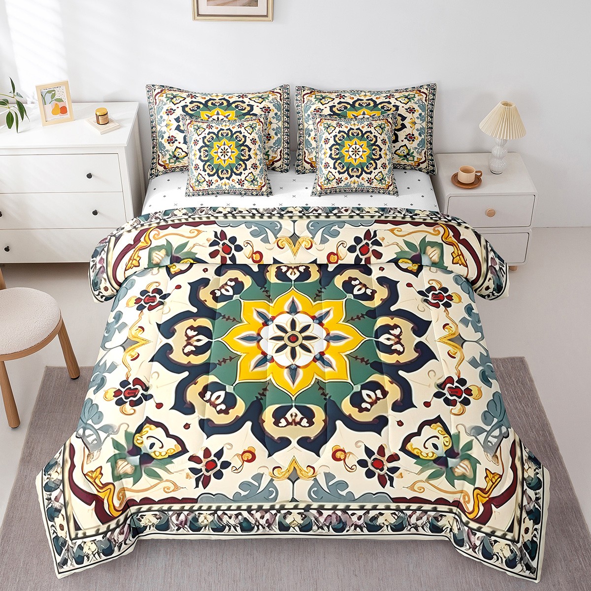 YST Ensembles de Literie Style Persan avec Couette, Médaillon Vintage Mandala Bohème 7 Pcs Format Double