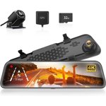 WOLFBOX Rearview Mirror Dash Cam, 4K Avant et 1080P Came de chasse arrière, 12" Caméra de sauvegarde Dash pour voitures avec vision nocturne, gratuit 32GB Carte