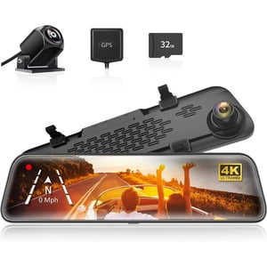WOLFBOX Rearview Mirror Dash Cam, 4K Avant et 1080P Came de chasse arrière, 12" Caméra de sauvegarde Dash pour voitures avec vision nocturne, gratuit 32GB Carte