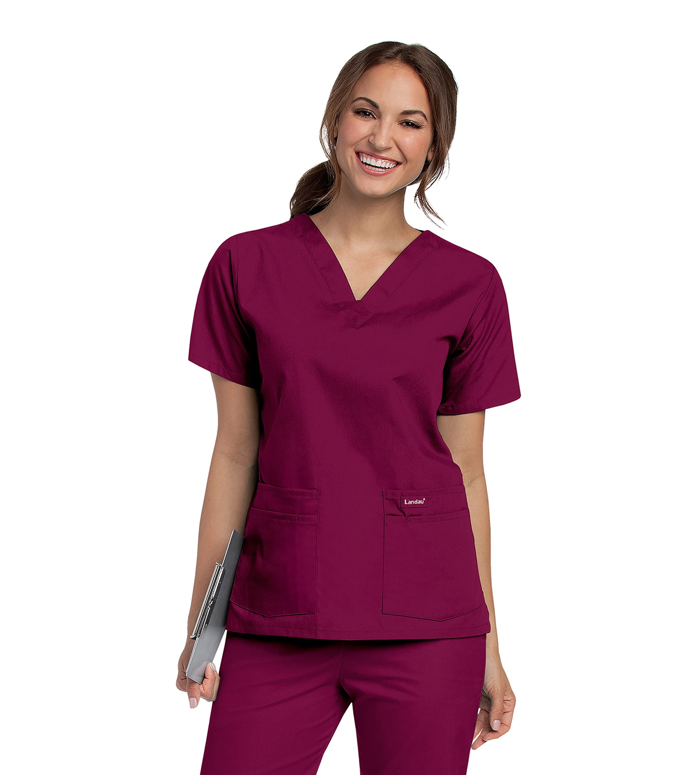 Landau Haut de Blouse Médicale pour Femmes : 4 Poches, Coupe Classique Décontractée, Col en V Durable 8219