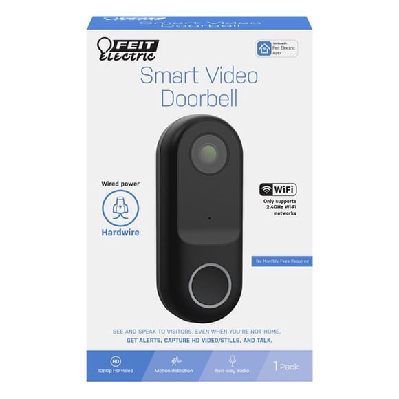Feit Electric CAM/Door/WiFi 1080p HD Doorbell WiFi Smart Home Security Camera with Night Vision, 2-Way Audio, Black