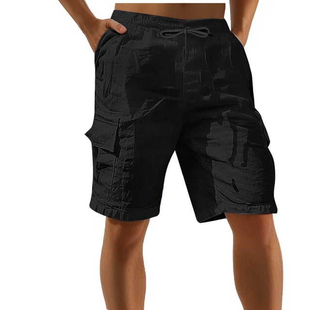 asjyhkr Mens Cargo Shorts Lightweight Breathable Linen Shorts with Multi Pockets Drawstring Elastic Summer Beach Shorts