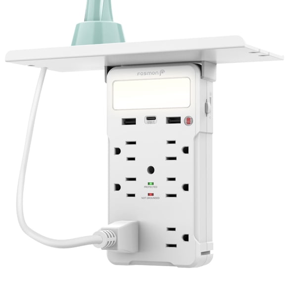 Fosmon Socket Outlet Shelf, Wall Outlet Extender with Shelf, Surge Protector 6 Outlets and 3 USB Ports (1 USB C Port), Multi Plug Outlet Wall Plug Expander Charging Shelf with Nightlight, ETL Listed