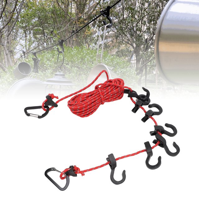 Windproof Laundry Clothesline Portable 5m Long Outdoor Hanging Rope with 7 Hooks for Laundry Camping Hanging Lights