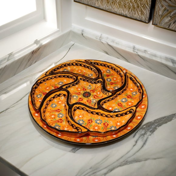 Ceramic Sectional Chip and Dip Plate - 8-Piece Set with Removable Serving Sections, Decorative Floral Snack Tray, 12" Round Dish