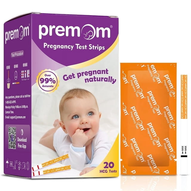 Premom Pregnancy Test Strips: Early Detection Pregnant Test Kits- 20 Pack. The product packaging is purple and yellow with text highlighting 'Get pregnant naturally' and 'Over 99% Accurate.' The pack includes 20 HCG test strips for early pregnancy detection. An orange foil packet and a test strip are displayed next to the box, which features an image of a baby.