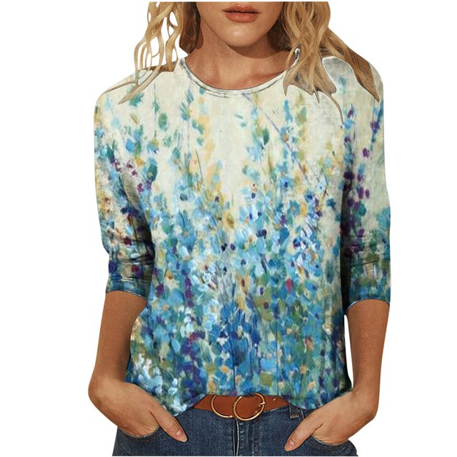 EQWLJWE Blouses à Manches Longues pour Femmes Hauts pour Femmes Liquidation T-shirt Imprimé de Mode pour Femmes Blouse à Manches 3/4 Col Rond Hauts Décontractés