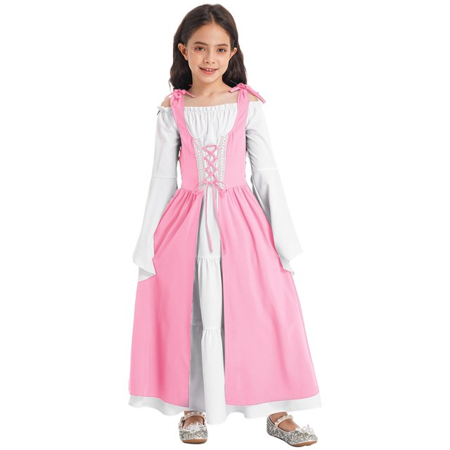 iefiel Robe Rétro d'Halloween pour Filles Robe Longue Évasée à Manches Longues Lacée Robe Princesse Maxi Rose 14
