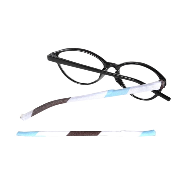 Templesox Eyewear Sleeve Arm Covers in a beach-inspired colour pattern, shown on one arm of black eyeglasses and separately laid flat. Made of a soft Spandex/Nylon blend, these small-sized sleeves have a 3.175 mm diameter opening and 120 mm length, designed for comfort and easy application.
