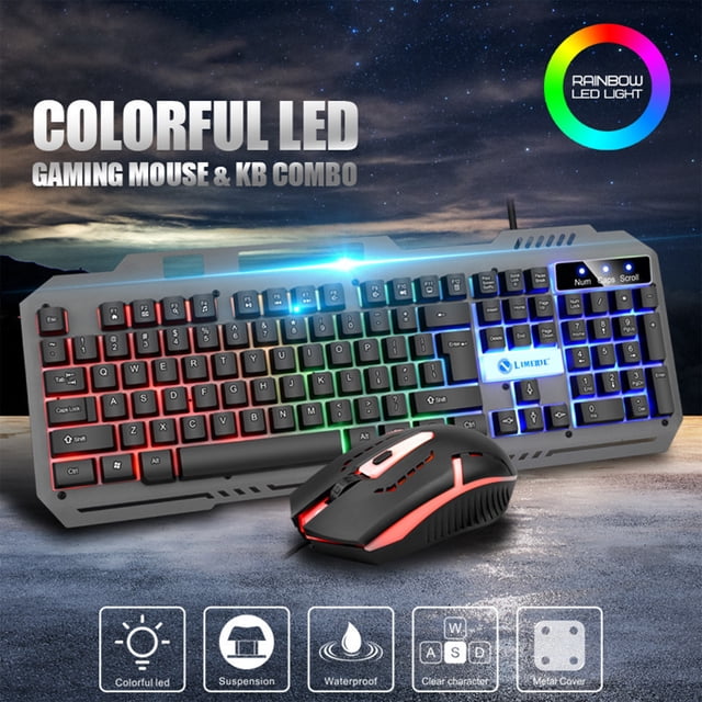 T25 Game Luminous 104 Key Mouse and Keyboard Set featuring a wired metal panel design with a mechanical hand-feel. The keyboard includes 104 keys with suspended transparent keycaps and vibrant rainbow LED backlighting for enhanced gaming aesthetics. The set also includes a 4-button ergonomic mouse with adjustable DPI settings (800-1200-1600) and a sleek black finish. A built-in mobile phone bracket is integrated into the keyboard for added convenience. Suitable for gaming, office, and home use, this combo offers a durable ABS construction and a USB wired connection.