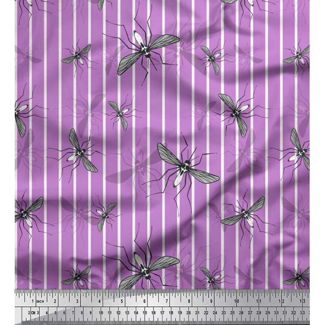 Soimoi Purple Rayon Crepe Fabric Stripe & Mosquito Insects Print Fabric by the Yard 46 Inch Wide