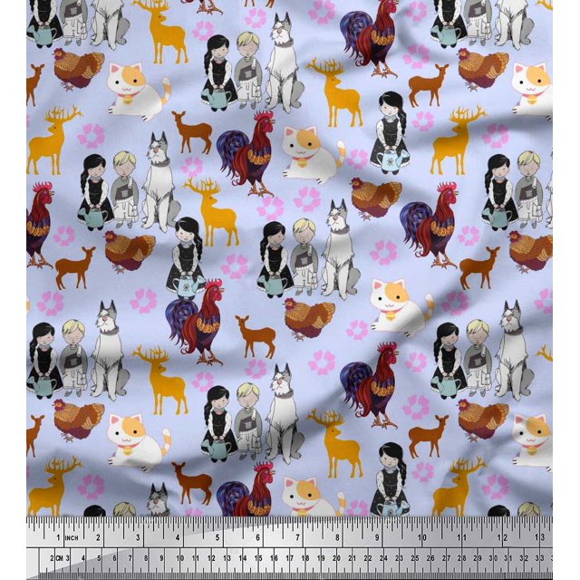 Soimoi Polyester Crepe Fabric Reindeer,Hen & Cock Bird Print Fabric by The Yard 52 Inch Wide