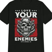 Men's Black Gothic Heavy Metal T-Shirt with White Skull & Love Your Enemies Print - Soft Wrinkle-Resistant Loose Fit Round Neck Tee for Concerts, Parties, Casual Wear - Edgy Gothic Style Short Sleeve
