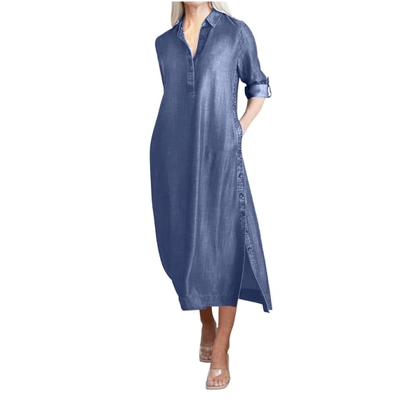 Plus Size Denim Dress, Womens Short Sleeve Flowy Denim Maxi Dresses, Button V Neck Loose Fitting Side Split Dress, New Summer Beach Vacation Clothes Cocktail Dress for Women Blue 3XL