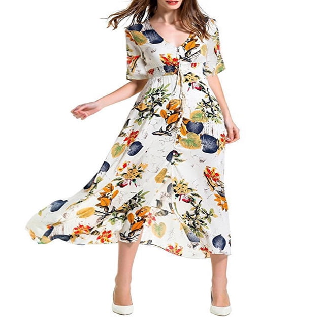 EIMELI Robe Bohème à Manches Courtes/mi-Longues Col en V Imprimé Floral une Pièce