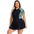 thumbnail image 4 of MSemis Maillot Dermoprotecteur une Pièce pour Femmes, Fermeture Éclair devant, Robe de Bain à Manches Courtes, Maillot de Bain à Séchage Rapide, Feuilles Noires, 4TG, 4 of 7