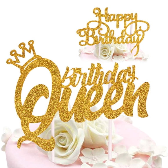 DELIGHTBOX Queen Birthday Cake Topper Gold Glitter Happy Birthday Cake Topper, Cake Toppers Birthday Party Decoration