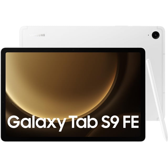 Samsung Galaxy Tab S9 FE 128 Go Écran 10,9 Pouces Tablette Android Présentée en Vue Frontale avec un Panneau Arrière Blanc Élégant et un Stylet S Pen Inclus. la Tablette Présente un Écran Dynamique, des Haut-Parleurs Doubles et une Résistance à l'Eau et à la Poussière IP68. Idéale pour le Multitâche, le Jeu et les Tâches Créatives avec Son Puissant Processeur Exynos et une Batterie Longue Durée.