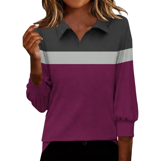 FRSASU Womens Tops 3/4 Sleeve V Neck Shirts Color Block Casual Business Basic Tees Summer Tops Purple S(S)