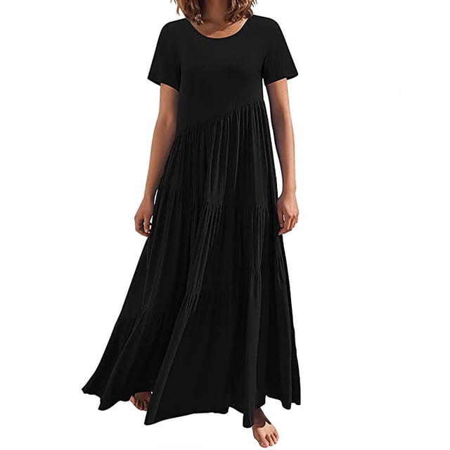 Robe à Manches Longues Femme Mode Estivale pour Femmes Robe Longue Ample Manches Courtes Col Rond Asymétrique à Étages Robe Longue de Plage Robe d'Été pour Femmes Robe d'Été Aguichant à Manches Longues