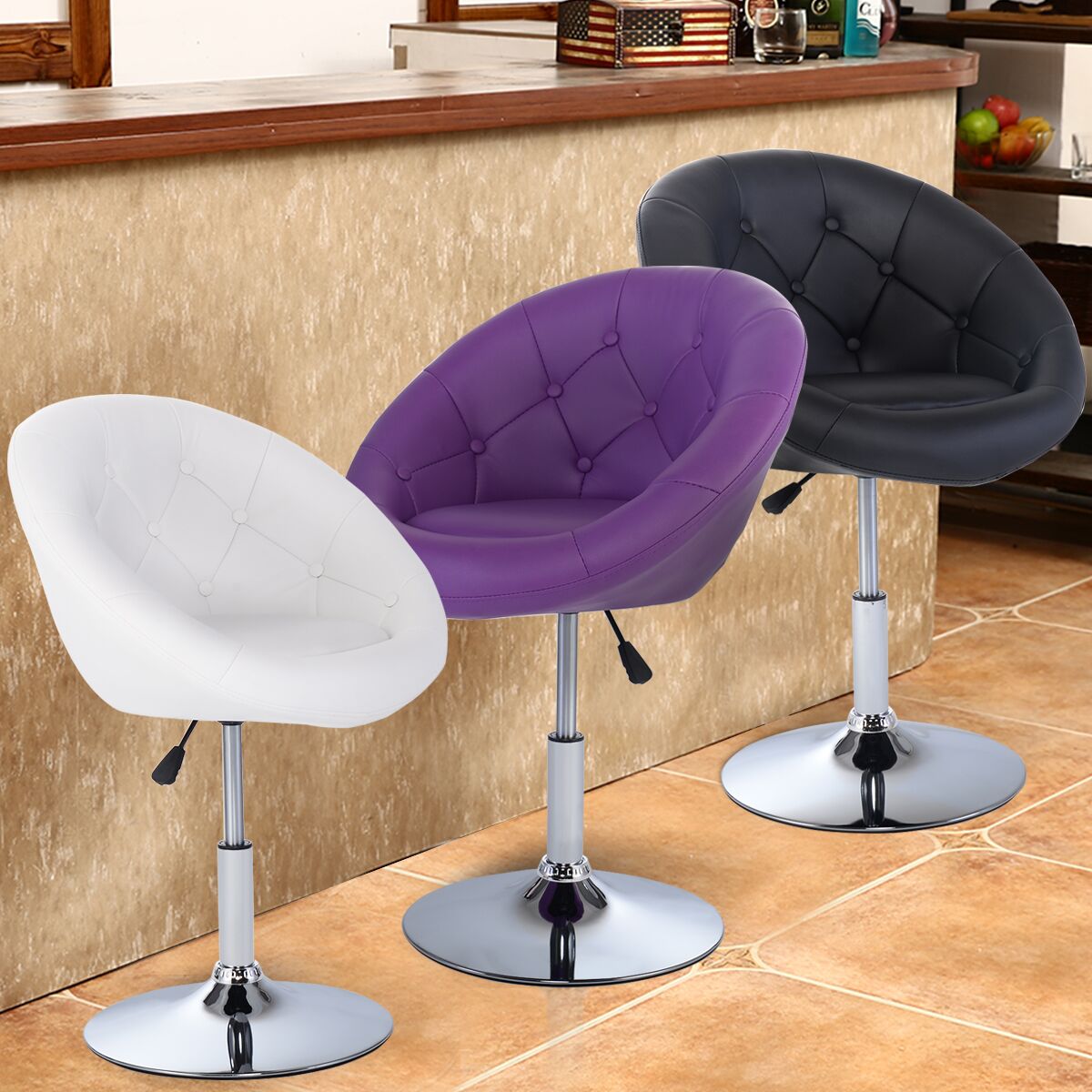 Costway 1PC PU Leather Adjustable Modern Swivel Round Accent Chair 3 color