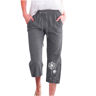 Mrat Women's Cargo Capris Pants Elastic Printing Athletic Cropped for Women Middle Waist Loose Wide Leg Straight Cargo Capris Trousers Dark Gray XL