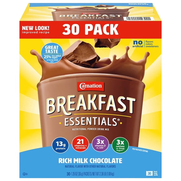 Carnation Breakfast Essentials Classic Chocolate Nutritional Drink Mix, 30 Packets (1.26 oz Each) – Complete Breakfast Powder Drink Mix