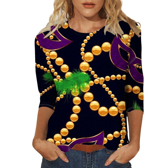 Outfmvch Chemises Mardi Gras pour Femmes, Manches 3/4 Hauts pour Femmes, Tenue Mardi Gras pour Femmes, Blouses pour Femmes, Hauts d'Entraînement pour Femmes, Tunique Graphique de Carnaval Manches 3/4 Col Rond Blouse Grise TG