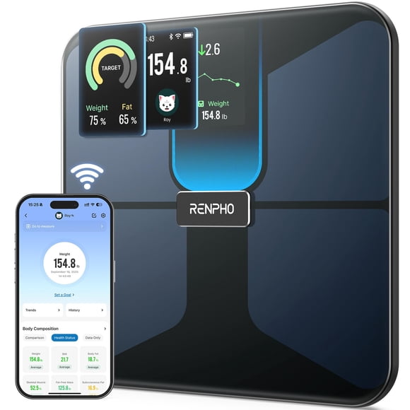 RENPHO Balance avec IMC, Graisse Corporelle, Masse Musculaire, Balance Intelligente pour le Poids Corporel, Balance de Composition Corporelle Wi-Fi et Bluetooth, Rechargeable, Elis Evo
