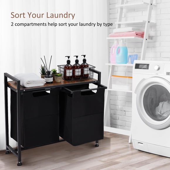 Large Capacity Laundry Hamper Organizer with Shelf – 2 Removable Pull-Out Oxford Fabric Baskets – Divided Laundry Sorter Storage Bin for Laundry Room, Bathroom, Bedroom, or Dorm – 2 Baskets