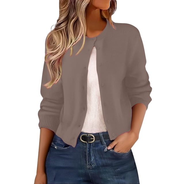 ManxiVoo Cardigan Court à Boutons pour Femmes, Manches Longues, Col Rond, Chandail Tricoté, Mignon, Tenue Décontractée, Taille TG, Gris