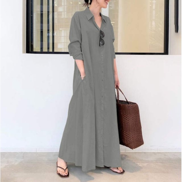 Bramtres Robes Maxi, Robes de Vacances, Robe Chemise Longue Décontractée pour Femme en Coton et Lin à Boutons avec Poches, Longues Robes, Robe à Manches Longues, Robes Modestes, Robe Grise, 5TG