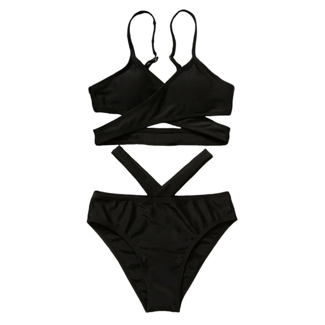 MIASHUI Girls 2 Piece Swimsuits Solid Spaghetti Strap Bikini Set Beach Bathing Suit in black for ages 9-10 years. This girls' swimwear features a spaghetti strap bikini top with a crisscross design and matching high-waisted bottoms. Made from nylon and spandex for comfort and flexibility, ideal for swimming, beach outings, and water activities.