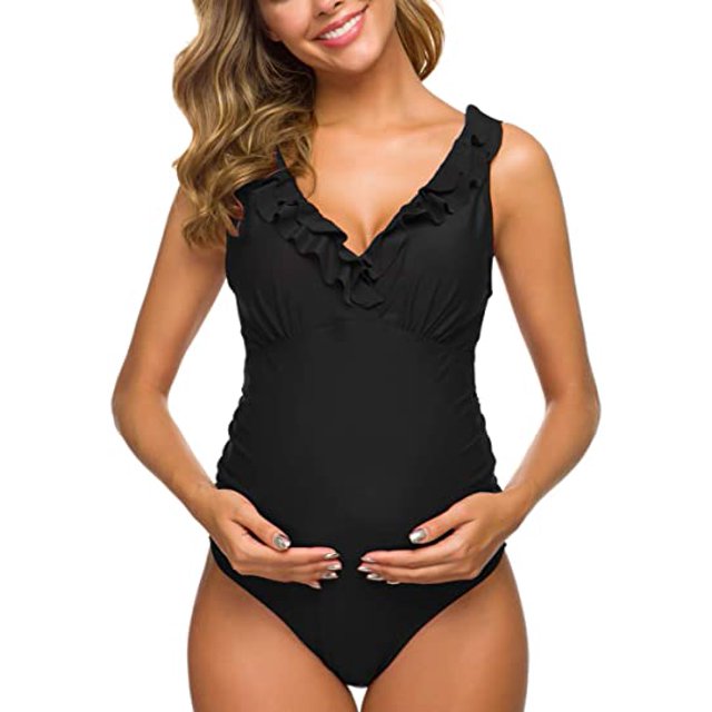 One Piece Maternity Swimsuits Ruffle Flounce Swimwear Falbala Monokini Deep V Neck Bathing Suits Black (M