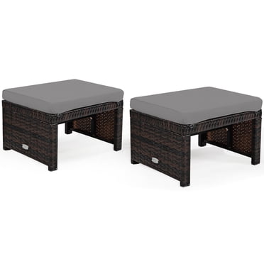 Patiojoy 2 Pcs Pouf d'Extérieur en Osier Mobilier de Patio en Rotin Repose-Pieds en Métal Siège Tabouret Carré avec Coussin Gris