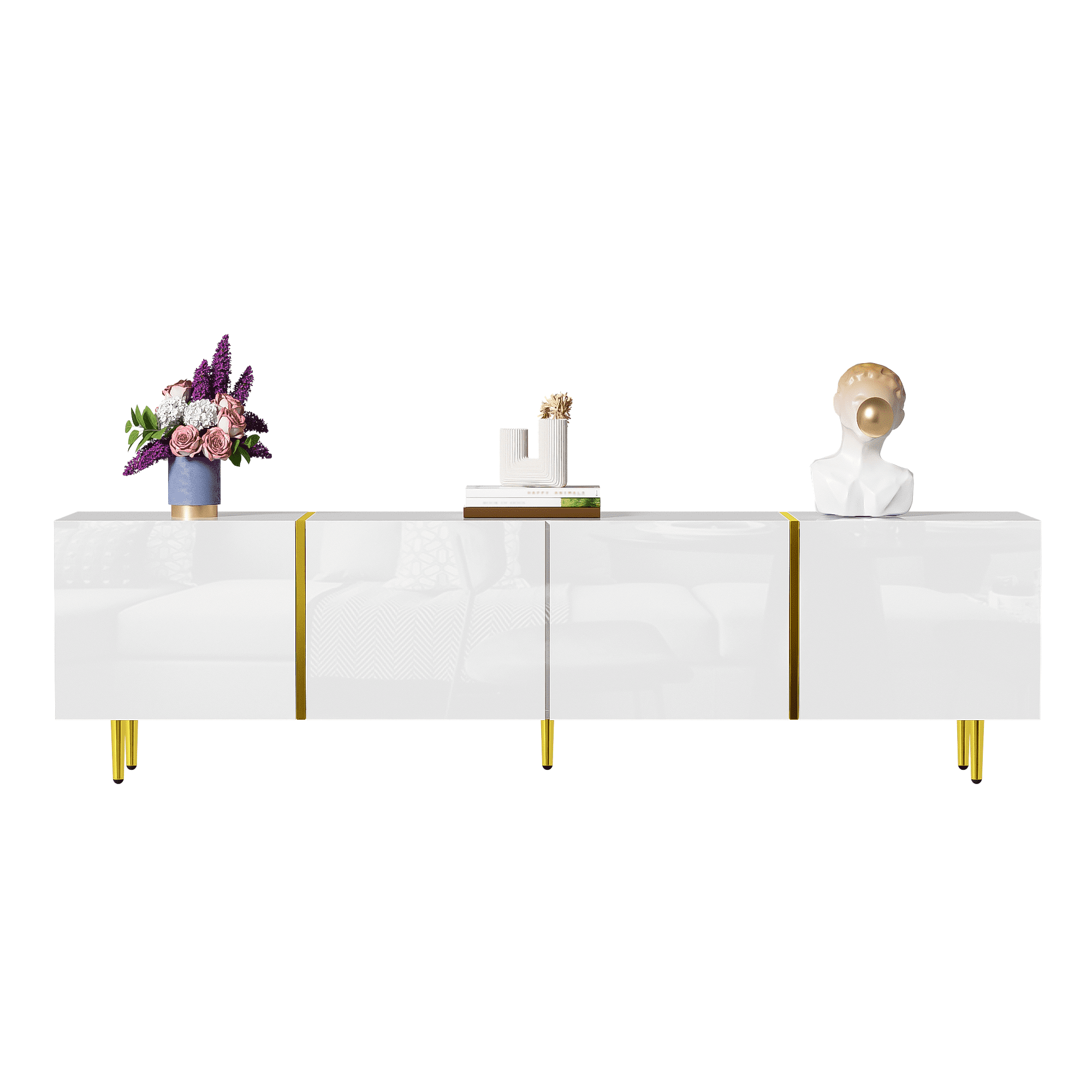 DAJU White High-Gloss TV Stand with 4 Doors,Modern and Minimalist,in Black-Gold Color Combination