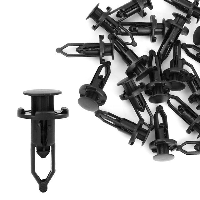 Unique Bargains 9mm Hole Dia Car Black Plastic Bumper Fasteners Carpet Flaps Clips Fender Retainer Push Panel Trim Rivet 20PCS. A set of 20 black plastic rivet fasteners designed for automotive use, suitable for securing side skirts, bumpers, and other trim. Each clip measures 39 x 18mm (1.5 x 0.7 inches) and fits a 9mm diameter hole. Commonly used in cars, buses, trains, planes, and trucks.