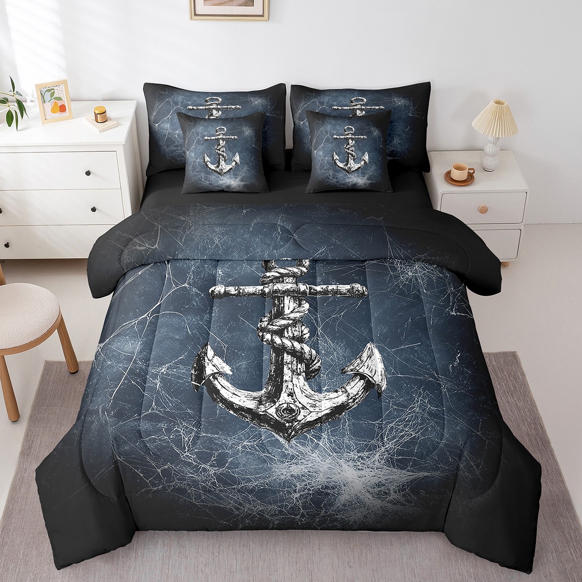 Nautical Anchor Bed Set in a Bag 7 Pcs,Retro Navy Black Spider Web Trippy Bedding Set,Navigation Ocean Adventure Theme Psychedelic Comforter with Fitted,Flat Sheet,Pillowcase,Pillow Covers,Queen